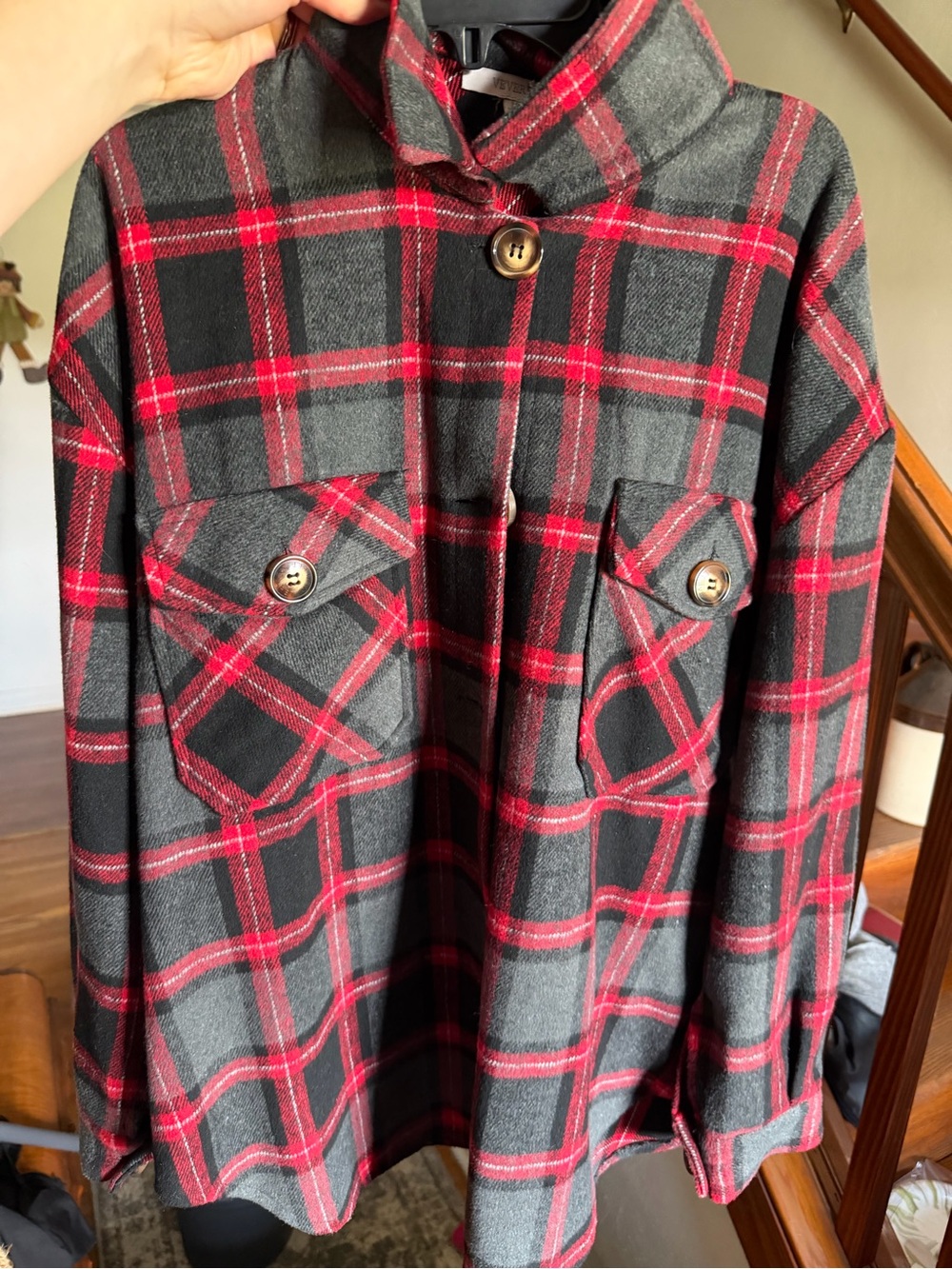 Women's Red & Gray Plaid Shirt Jacket